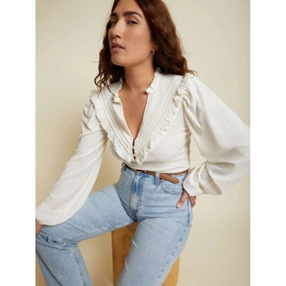 NATION LTD Quintana Ivory Cotton Jersey V-Neck Long Sleeve T-Shirt Top, Size S - Picture 2 of 15